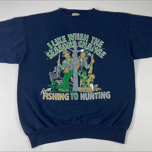 Vintage Fishing to Hunting Mens Funny Comedy Gag Gift Navy Crewneck Size Large - Picture 2 of 8